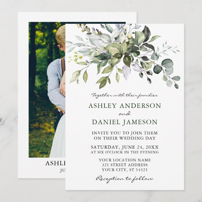 Invitation Mariage photo Watercolor Greenery (Devant / Derrière)