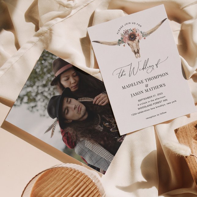 Invitation Mariage photo Western Bohemian Floral Cow Skull (Créateur téléchargé)