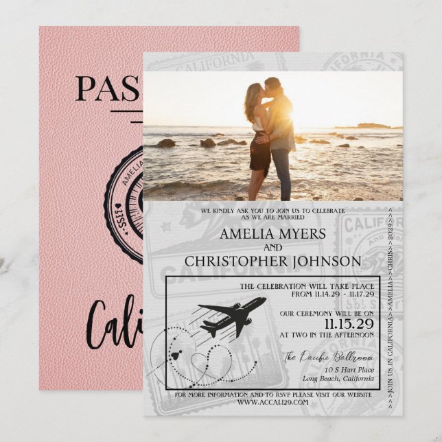 Invitation Mariage Pink California Passport (Devant / Derrière)