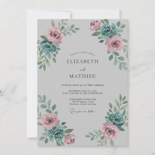 Invitation Mariage Pivoine Acier Mauve Poussiéreux
