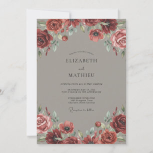 Invitation Mariage Pivoine Taupe Rouge Cerise