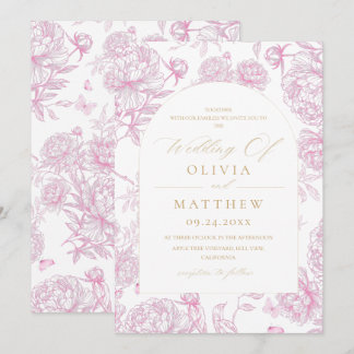 Invitation Mariage Pivoine Toile de Jouy Rose Poussiéreux