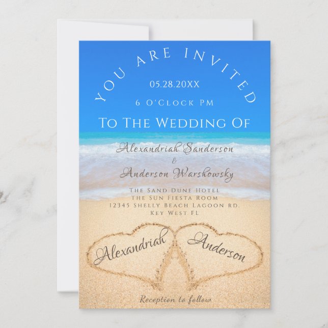 Invitation Mariage plage 2 Coeurs dans le Mariage de sable (Devant)