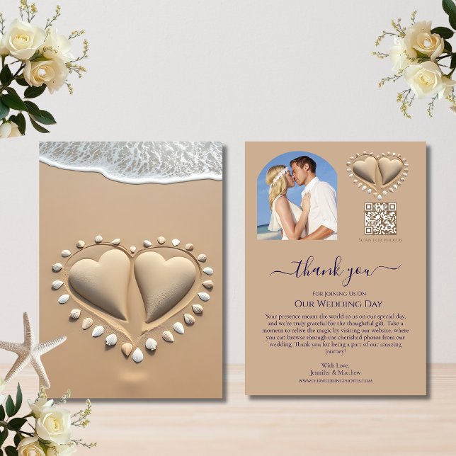 Invitation Mariage plage Coeurs de sable (Beach Wedding Sand Hearts Thank you Card)