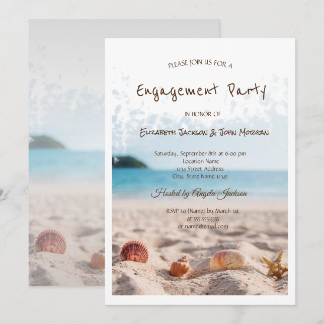Invitation Mariage plage, Sable, Fiançailles de coquillages (Devant / Derrière)