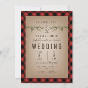 Invitation Mariage Plaid + branches À feuillage persistant de