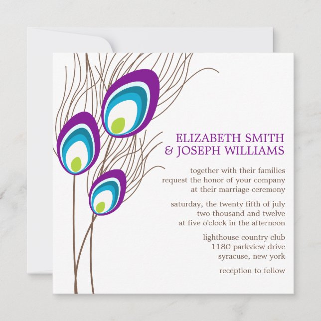 Invitation Mariage Plumes Peacock Violet (Devant)