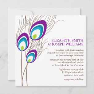 Invitation Mariage Plumes Peacock Violet