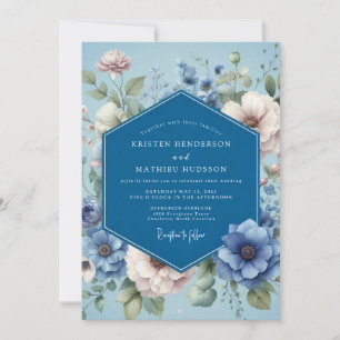 Invitation Mariage Poétique Fleurs Bleu Poussiéreux