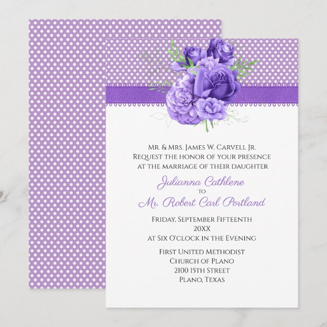 Invitation Mariage pois & Fleurs violettes (Devant / Derrière)