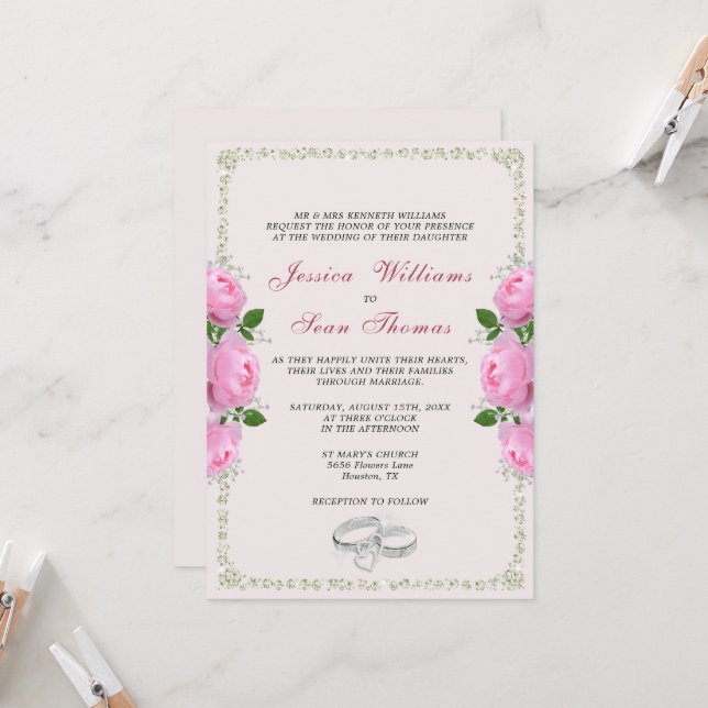 Invitation Mariage Posh Fragmenté Anneaux Diamants & Roses Ro (Devant/Arrière en situation)