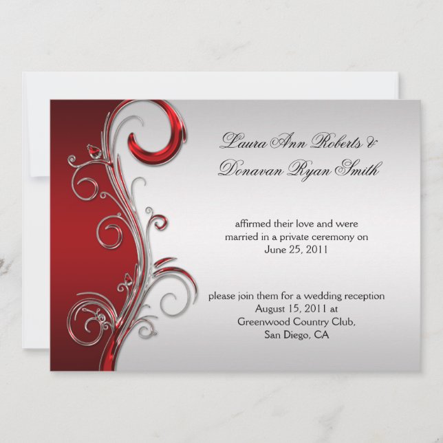 Invitation Mariage postal vintage rouge et argent (Devant)