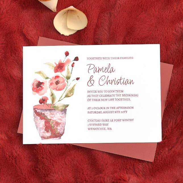 Invitation Mariage Pot en Terre Cuite (terracotta rust clay pot wedding invitations, floral copper pink flowers and green leaves)