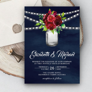 Invitation Mariage Pot Mason Floral Rouge Bourgogne Bleu Mari