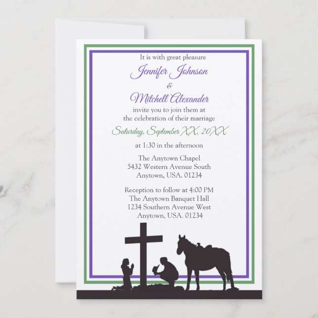 Invitation Mariage pourpre et vert de prière de cowboy et de (Devant)