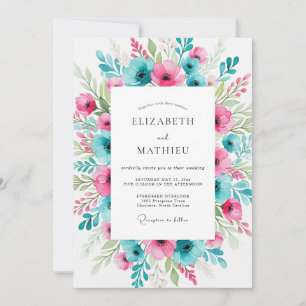 Invitation Mariage printanier animé sarcelle fuchsia
