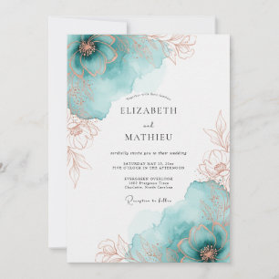 Invitation Mariage printanier artistique avec rose sarcelle e