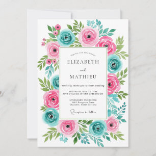 Invitation Mariage Printanier Rose Turquoise Vivant