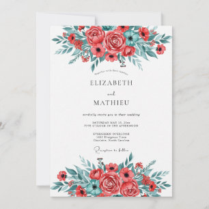 Invitation Mariage printanier rouge sarcelle brillant