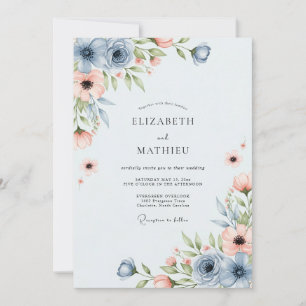 Invitation Mariage printanier serein bleu poussiéreux et pêch