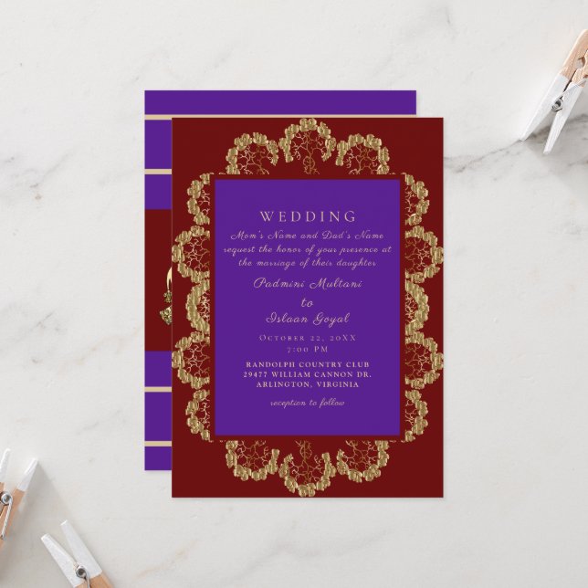 Invitation Mariage profond de style indien II rouge et violet (Devant/Arrière en situation)
