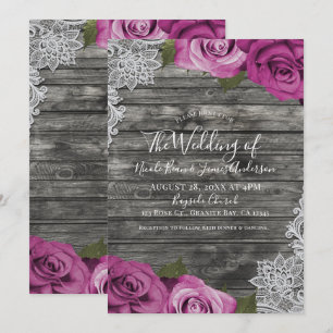 Invitation Mariage profond rose fuchsia gris rustique blanc d