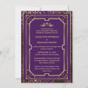 Invitation Mariage Purple & Gold Gatsby Art Déco  années 1920