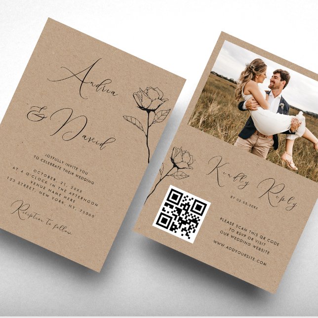 Invitation Mariage QR Code RSVP avec Rose Dessinée de Style R (Créateur téléchargé)