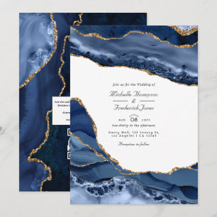 Invitation Mariage QR Code RSVP en pierre d'agate Navy et Or