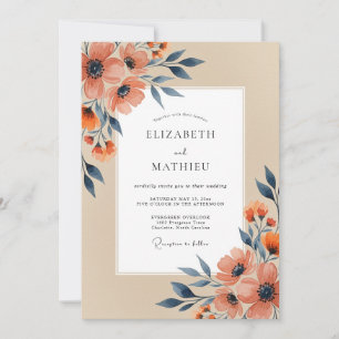 Invitation Mariage raffiné d'automne au bleu marine et pêche