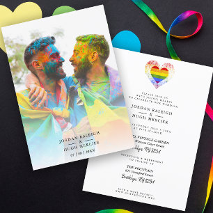 Invitation Mariage Rainbow Heart LGBT Engagé Couple Photo