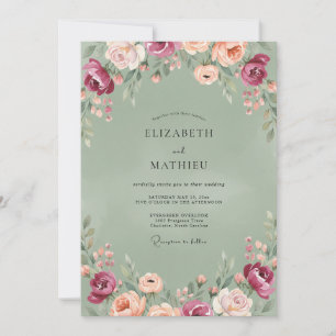Invitation Mariage Ranunculus Eucalyptus Olive Bourgogne