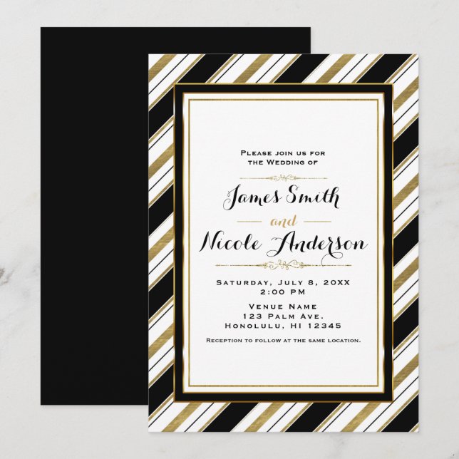 Invitation Mariage Rayures Chic Horizontales Noir Blanc & Or (Devant / Derrière)