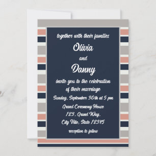 Invitation Mariage Rayures Côtières Gris Bleu Marine Rose