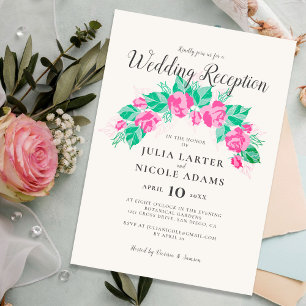 Invitation Mariage Réception Fleurs Rose Vertes Jardin