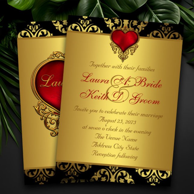 Invitation Mariage Red Black Gold (Elegant red black and gold wedding invitation with beautiful red and gold heart.)