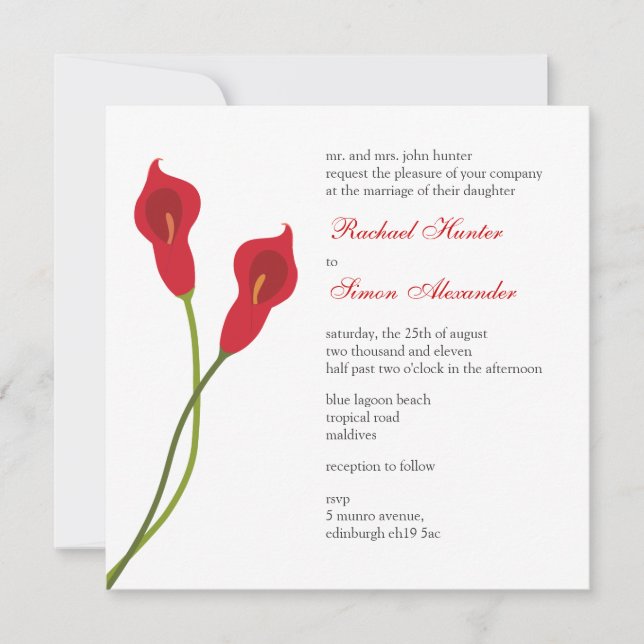 Invitation Mariage Red Calla Lilies (Devant)