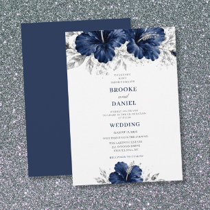 Invitation Mariage Refined Navy Hibiscus Guirlande Argentée