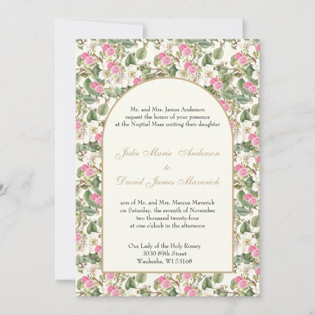 Invitation Mariage religieux catholique rose et blanc Floral (Devant)
