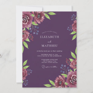 Invitation Mariage Renoncule Prune Profonde Eucalyptus Poussi