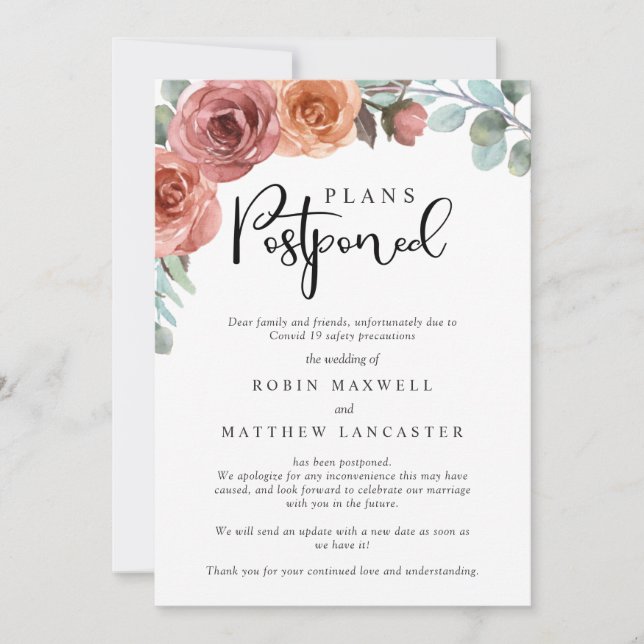 Invitation Mariage reporté - Annulation - Changement de plan (Devant)