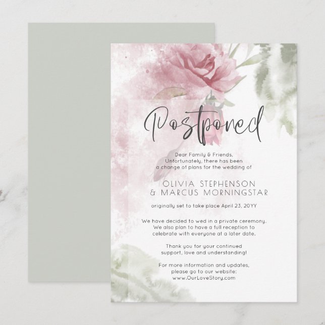 Invitation Mariage Reporté Aquarelle Fleurs Rose Poussiéreux  (Devant / Derrière)