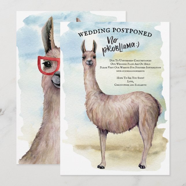 Invitation Mariage Reporté au Llama Drôle Aquarelle (Devant / Derrière)