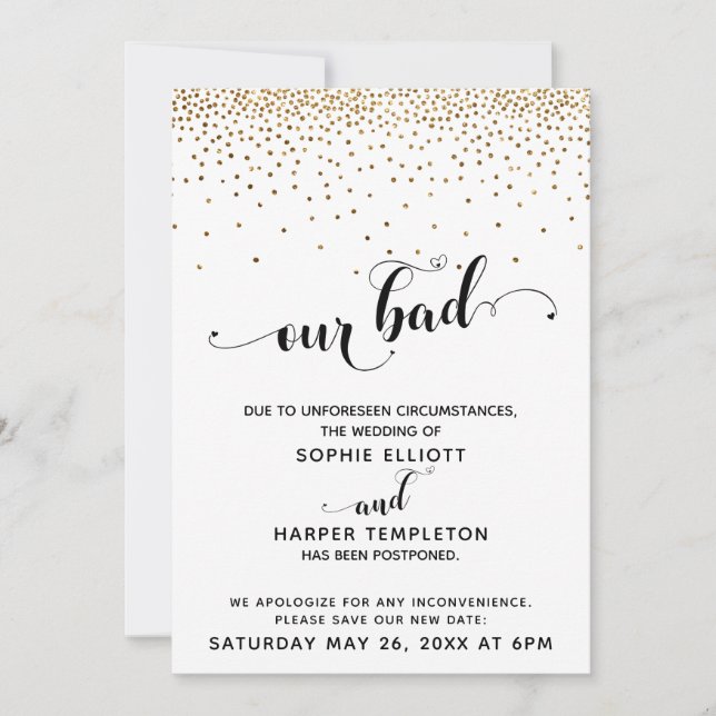Invitation Mariage reporté Confetti Or & Coeurs Oups (Devant)