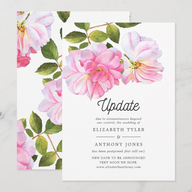 Invitation Mariage reporté du jardin rose rose (Devant / Derrière)