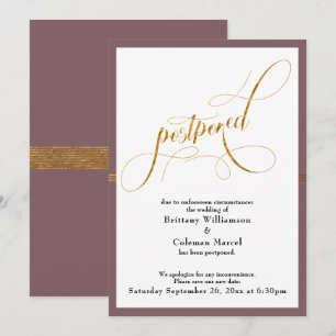 Invitation Mariage reporté Elegant Mauve & Gold Stripe Card