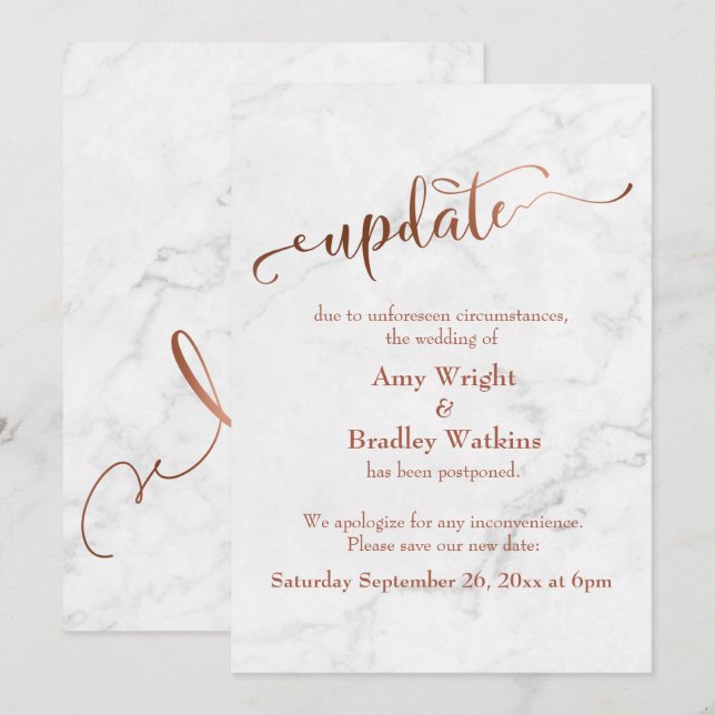 Invitation Mariage reporté "Mise à jour" en cuivre de marbre (Devant / Derrière)