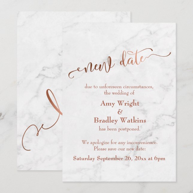 Invitation Mariage reporté "Nouvelle date" en cuivre de marbr (Devant / Derrière)