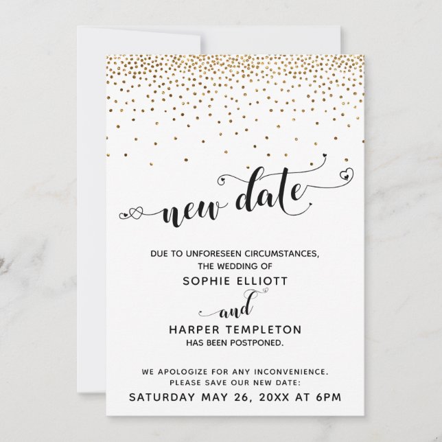 Invitation Mariage reportée Confetti et Coeurs d'or Nouvelle  (Devant)