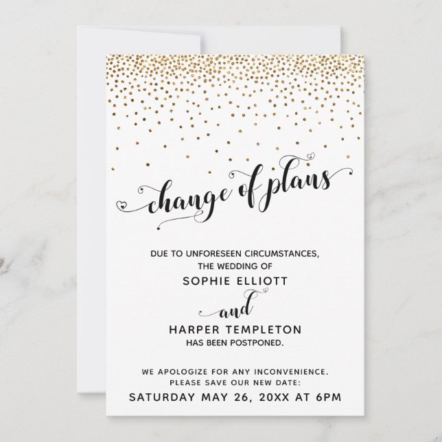 Invitation Mariage repoussé Gold Confetti Changement de plans (Devant)